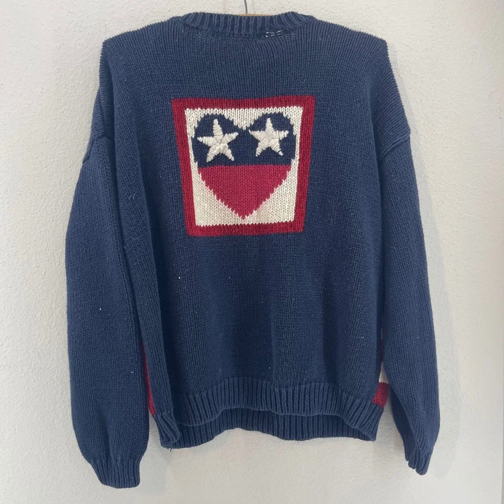 VTG 90s‎ Grunge Thrashed Patriotic Sweater M American Flag Stars Stripes Knit